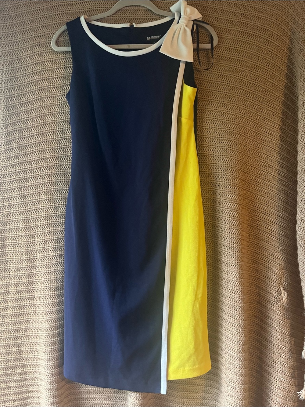 Glamour Navy and Yellow Bow-Shoulder Midi Dress